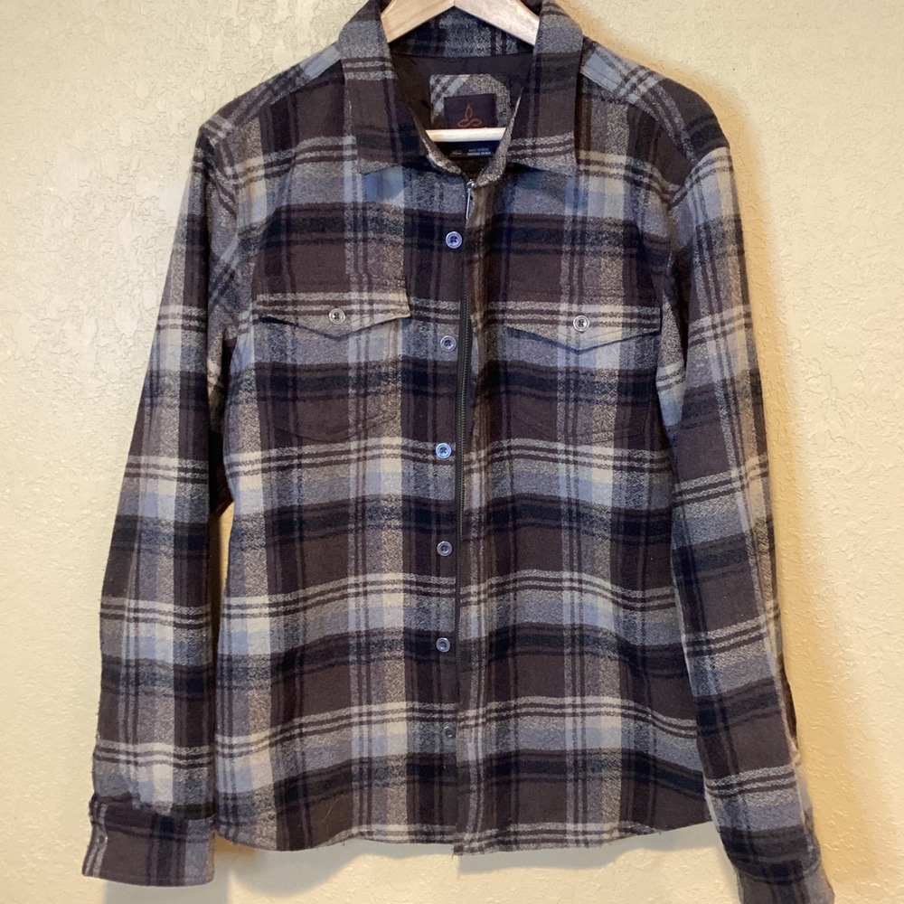 PRANA Ryken RARE Wool Blend Plaid Zip/Button Brown Plaid Jacket Men's Medium